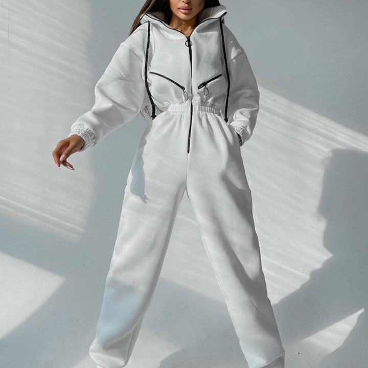 Women's tailored hooded jumpsuit with elastic waistband and striking contrast zippers Mune Fashion