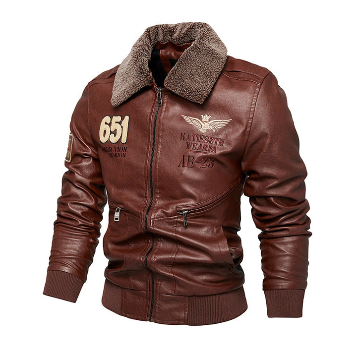 Men's Robust Leather Jacket with Removable Teddy Collar Mune Fashion