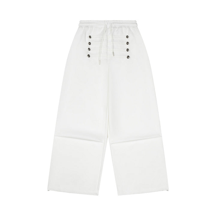 Ladies Wide High-Waist Culotte Pants with Comfort Waistband, Drawstring and Decorative Button Placket Mune Fashion