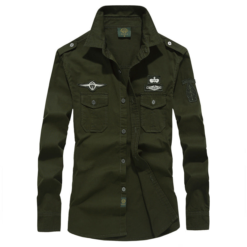 Men's military-inspired long-sleeve utility shirt with shoulder epaulettes, patch breast pockets, and badge Mune Fashion