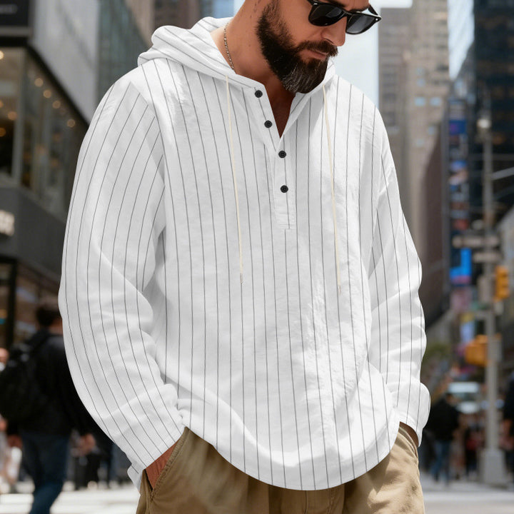 Men's Lightweight Hoodie Henley Shirt with Fine Pinstripes Mune Fashion
