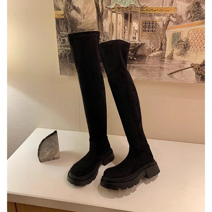Women's Mid-Calf Suede Boots with Distinctive Lug Profile Sole and Elastic Slip Shaft Mune Fashion