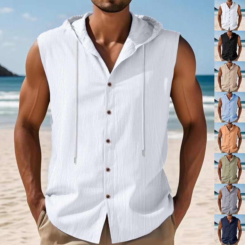 Men's sleeveless hooded shirt made of crepe-structured cotton blend with continuous button placket and drawstring Mune Fashion