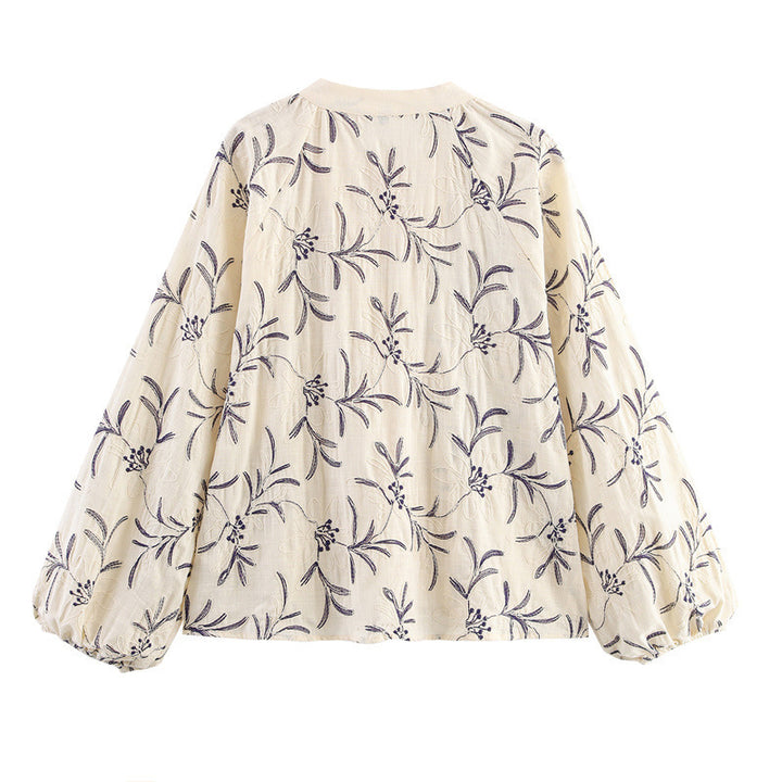 Women's Lightweight Embroidered Blouse Top with Balloon Sleeves and Tie Slit Mune Fashion
