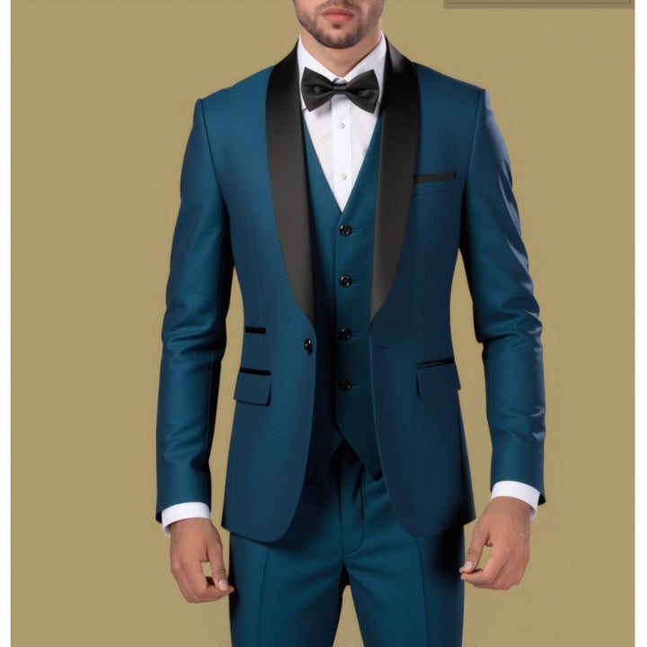 Men's Tailored Three-Piece Tuxedo with Shawl Collar and Satin Lapel Mune Fashion