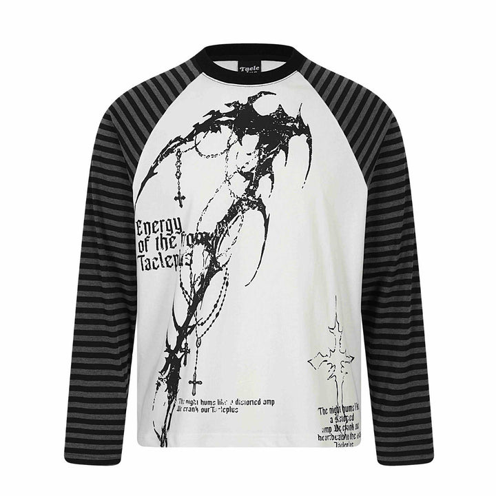 Unisex long sleeve shirt in raglan style with gothic print and striped sleeves Mune Fashion