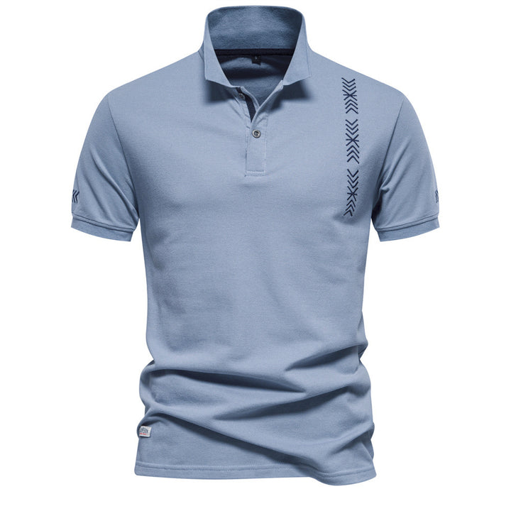 Men's nan casual polo with short button placket, embroidered arrow motif panel, and stand-up collar Mune Fashion