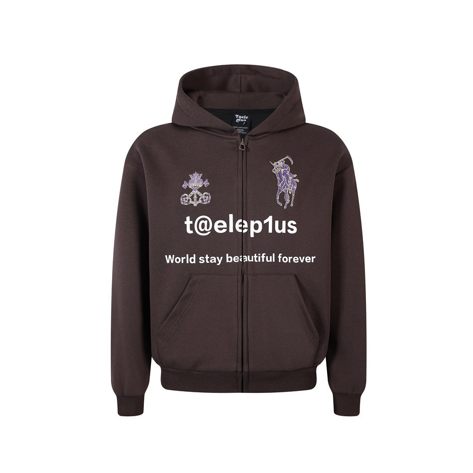Unisex Hooded Zip Jacket with Embroidered Crest and Front Print Mune Fashion