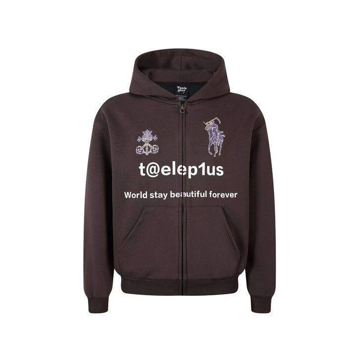 Unisex Hooded Zip Jacket with Embroidered Crest and Front Print Mune Fashion