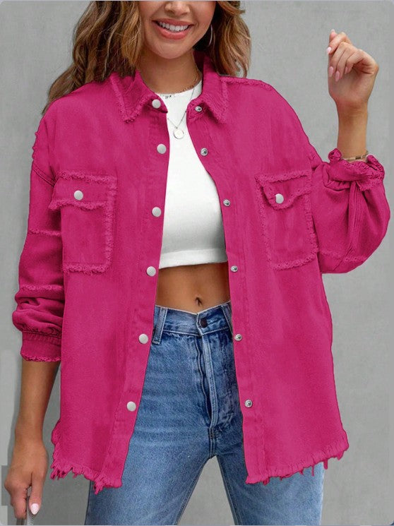 Women's Oversized Denim Utility Jacket with Frayed Edges and Flap Pockets Mune Fashion