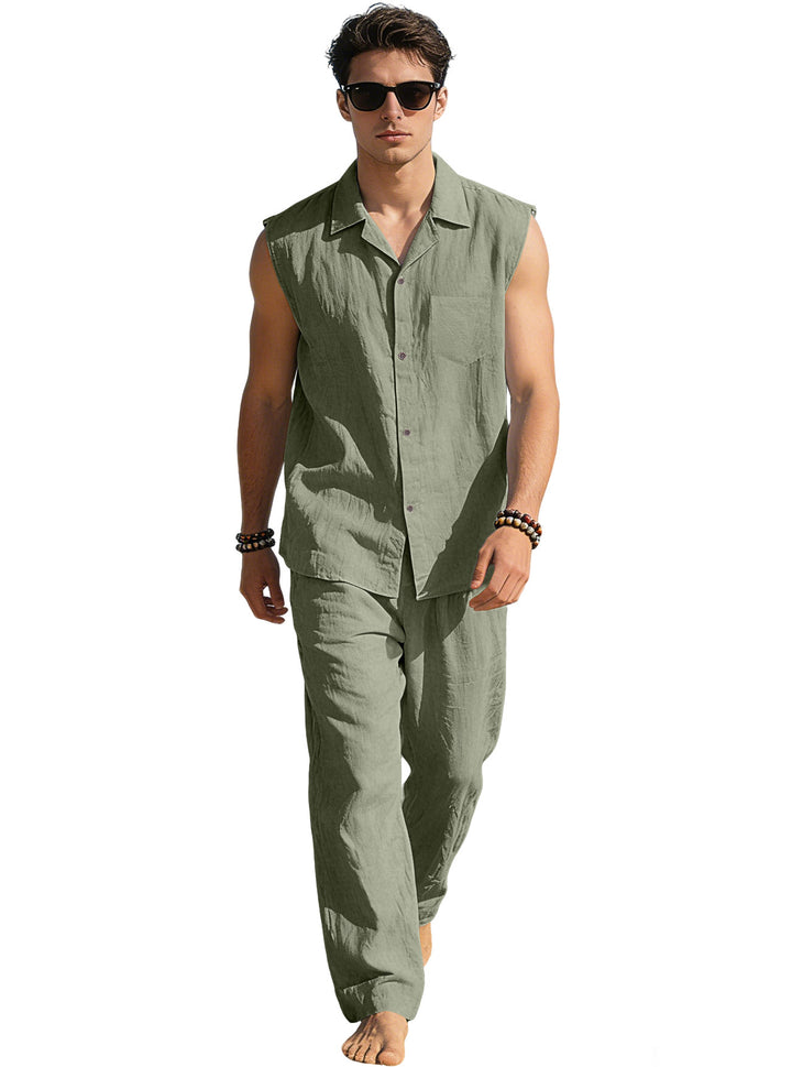 Men's sleeveless linen leisure set with lapel collar, chest pocket, and straight pants Mune Fashion
