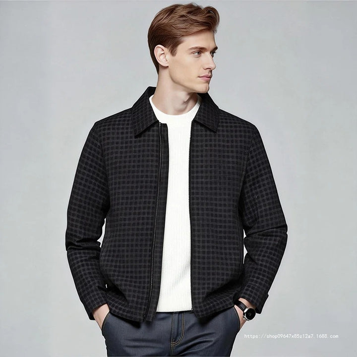 Men's Lightweight Checked Overshirt Jacket with Concealed Two-Way Zipper and Shirt Collar Mune Fashion