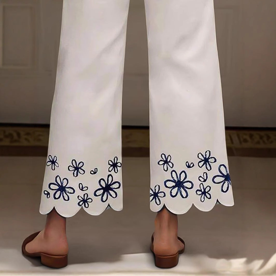 Women High-Waisted Cropped Palazzo Pants with Floral Embroidery and Wave Hem Mune Fashion