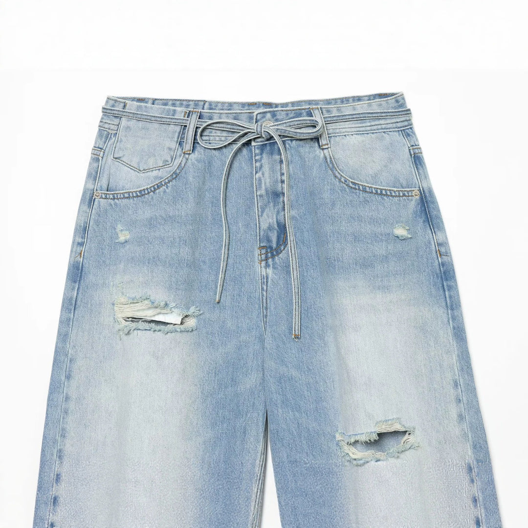Women High-Cut Wide Denim Jeans with Destroyed Details and Drawstring Mune Fashion