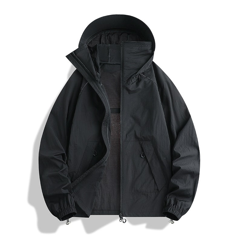 Men's lightweight wind and water-resistant hooded transitional jacket with adjustable hem drawstring and two-way zipper Mune Fashion