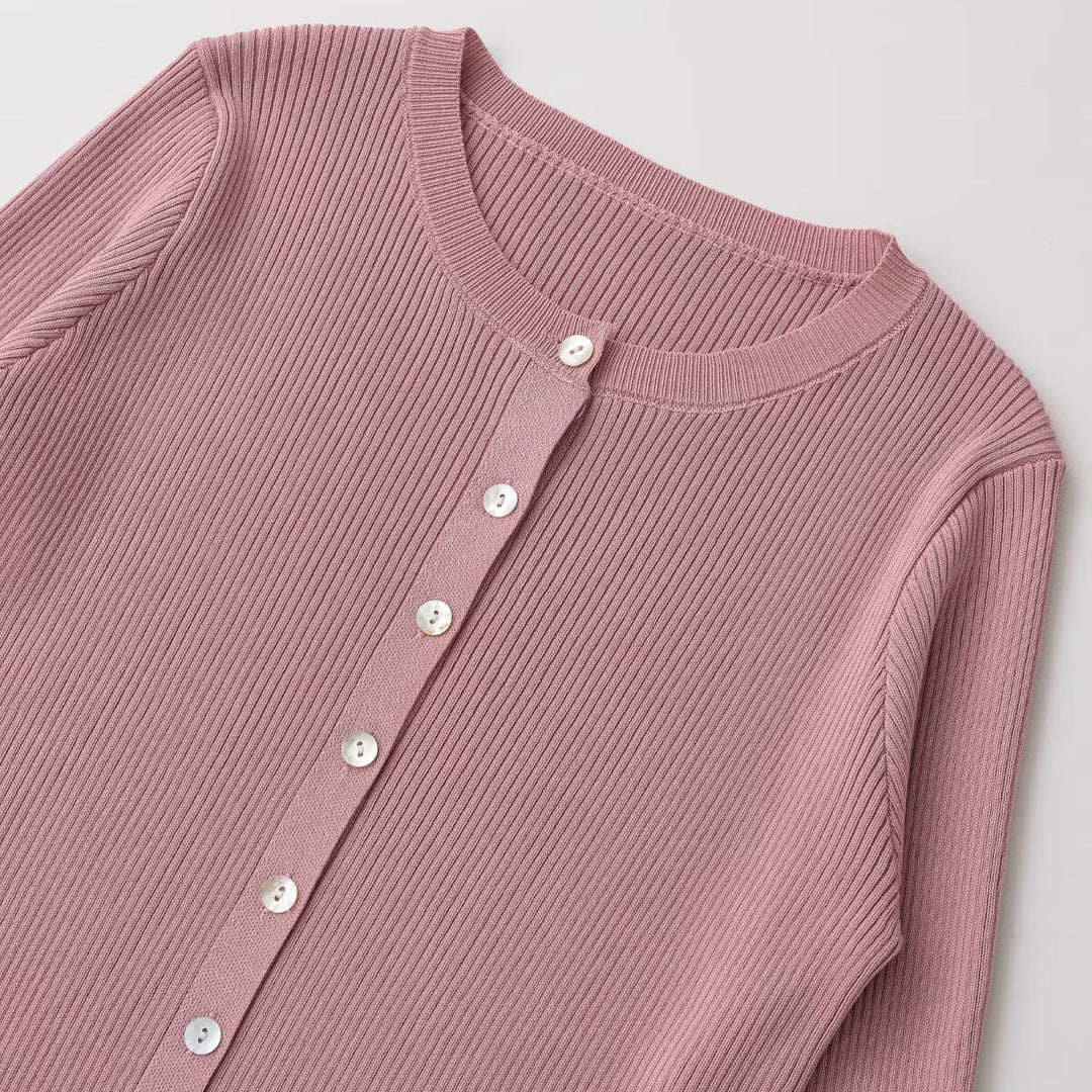 Ladies fine-rib fine-knit cardigan with continuous button placket and round neck Mune Fashion