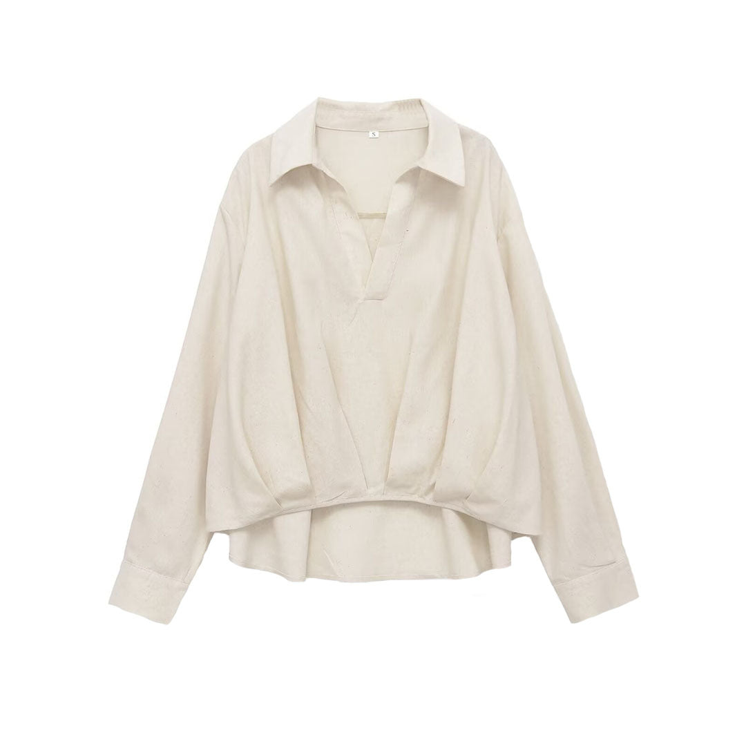 Women's Oversized Linen Blouse with Open V-Neck and Gathered Hem Mune Fashion
