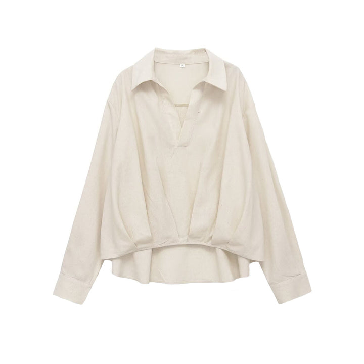 Women's Oversized Linen Blouse with Open V-Neck and Gathered Hem Mune Fashion