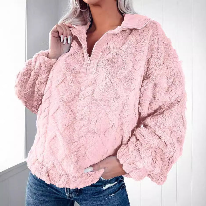 Women's plush Sherpa pullover with half zipper, stand-up collar, and oversized silhouette Mune Fashion