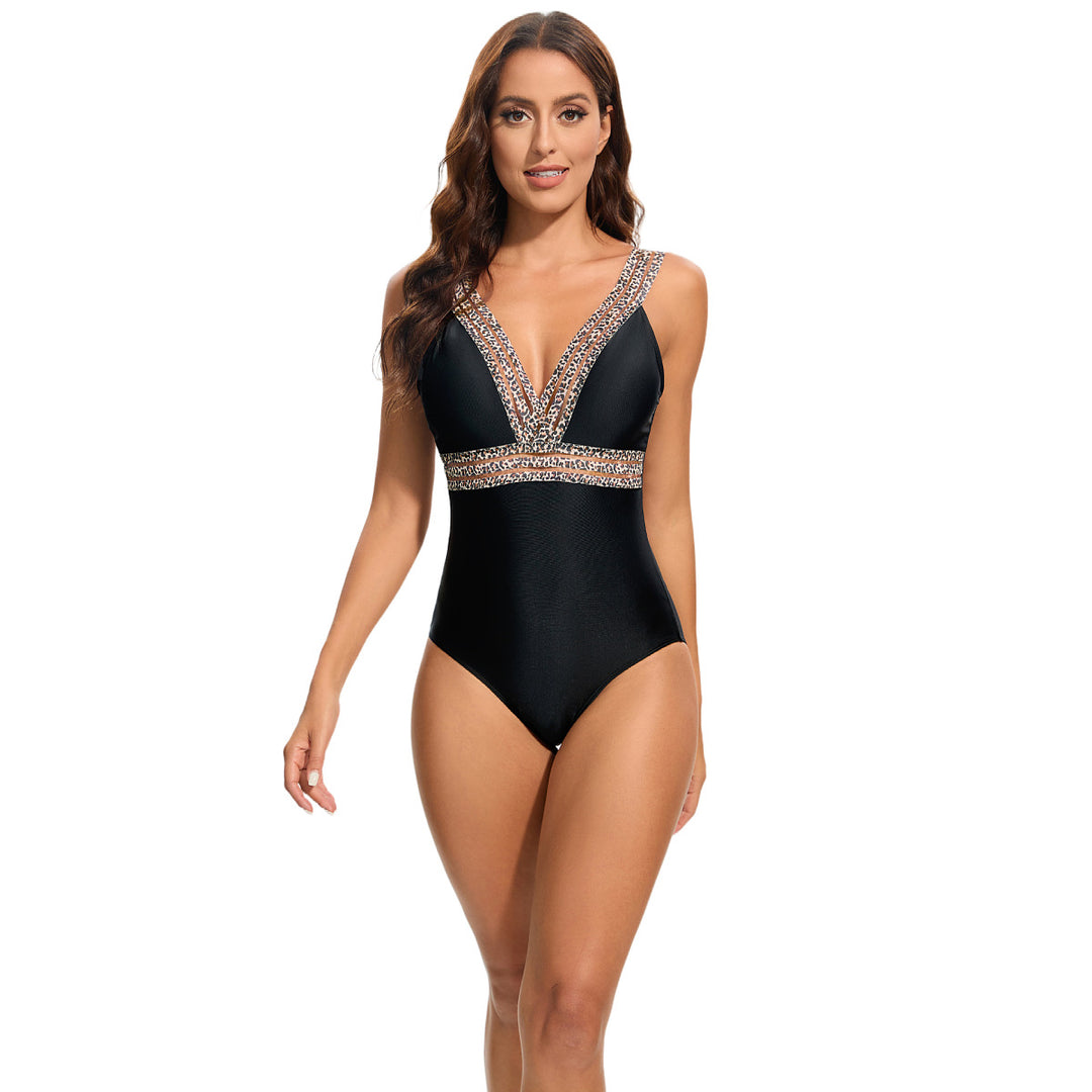Women's Elegant One-Piece Swimsuit with Deep V-Neck and Sparkling Accents Mune Fashion
