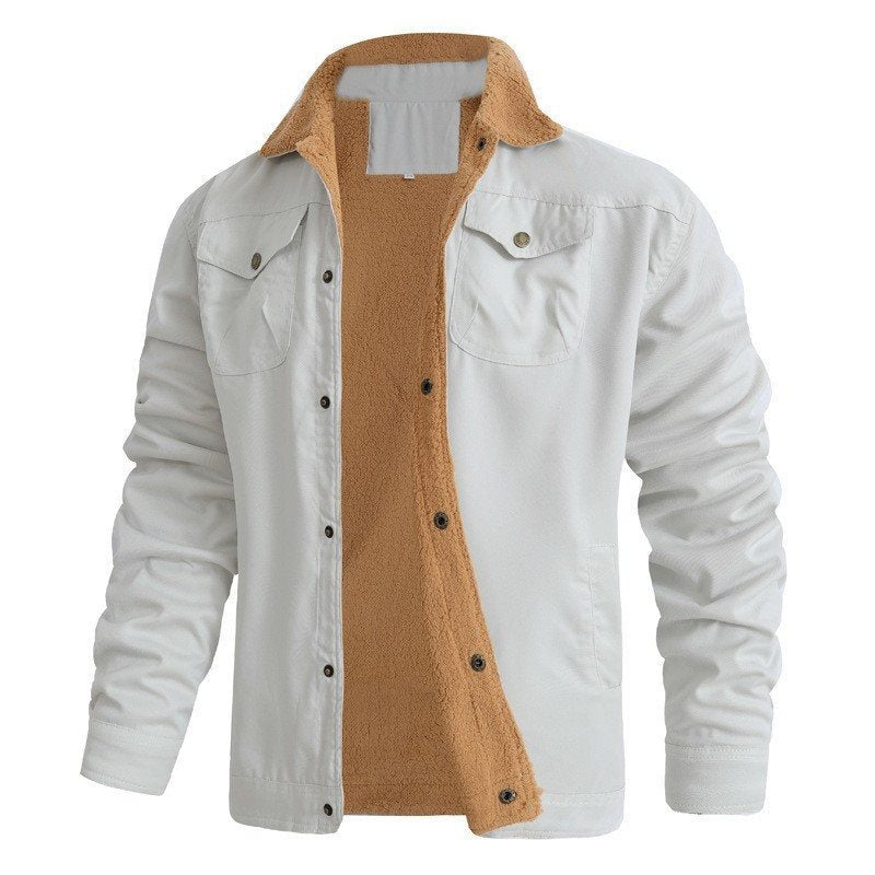 Men's Sherpa-lined canvas trucker jacket with teddy fur lining and shirt collar Mune Fashion