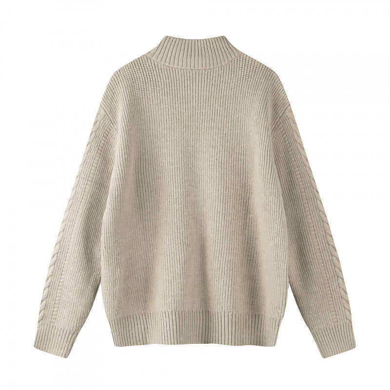 Women chunky knitted cable knit cardigan with full zip and standing collar Mune Fashion