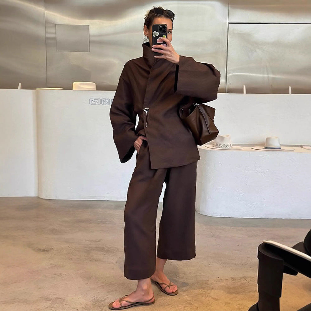 Women's Oversized Wrap Blazer with Safety Pin & Wide Suit Trousers Mune Fashion
