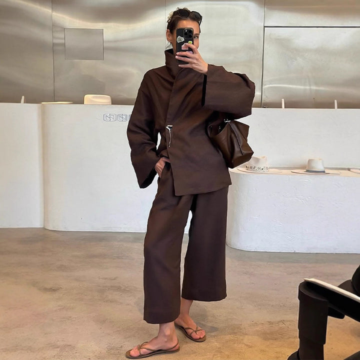 Women's Oversized Wrap Blazer with Safety Pin & Wide Suit Trousers Mune Fashion