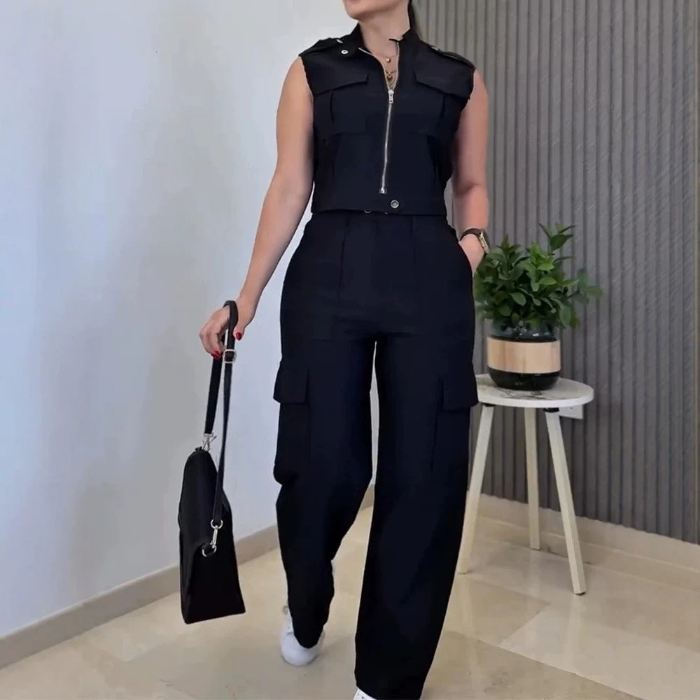 Women's Two-Piece Utility Set with High-Waist Cargo Pants and Cropped Vest Drune