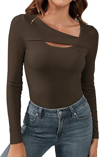 Women's Ribbed Long Sleeve Shirt with Asymmetrical Off-Shoulder Neckline and Chest Cut-Out Mune Fashion