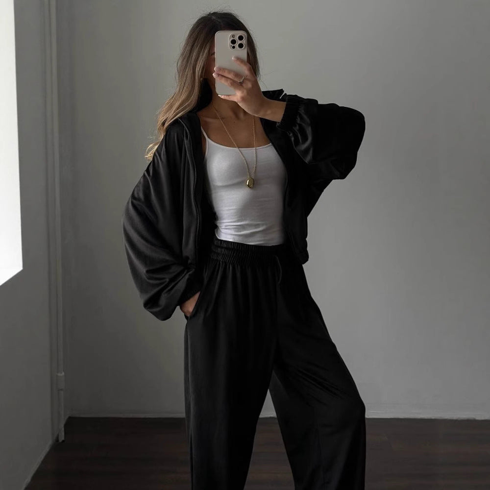 Women's Casual Lounge Two-Piece Set with Oversized Zip Jacket and Wide Leg Pants Mune Fashion