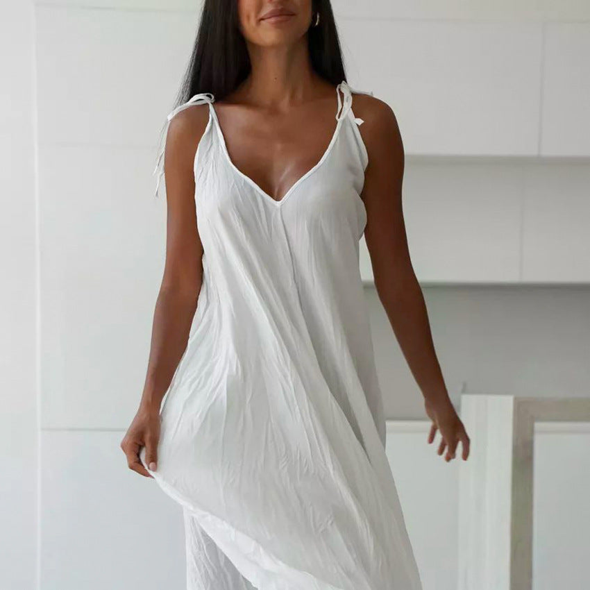 Mune | Women's White Loose Idle Long Slip Nightgown Casual Comfortable Outerwear Homewear
