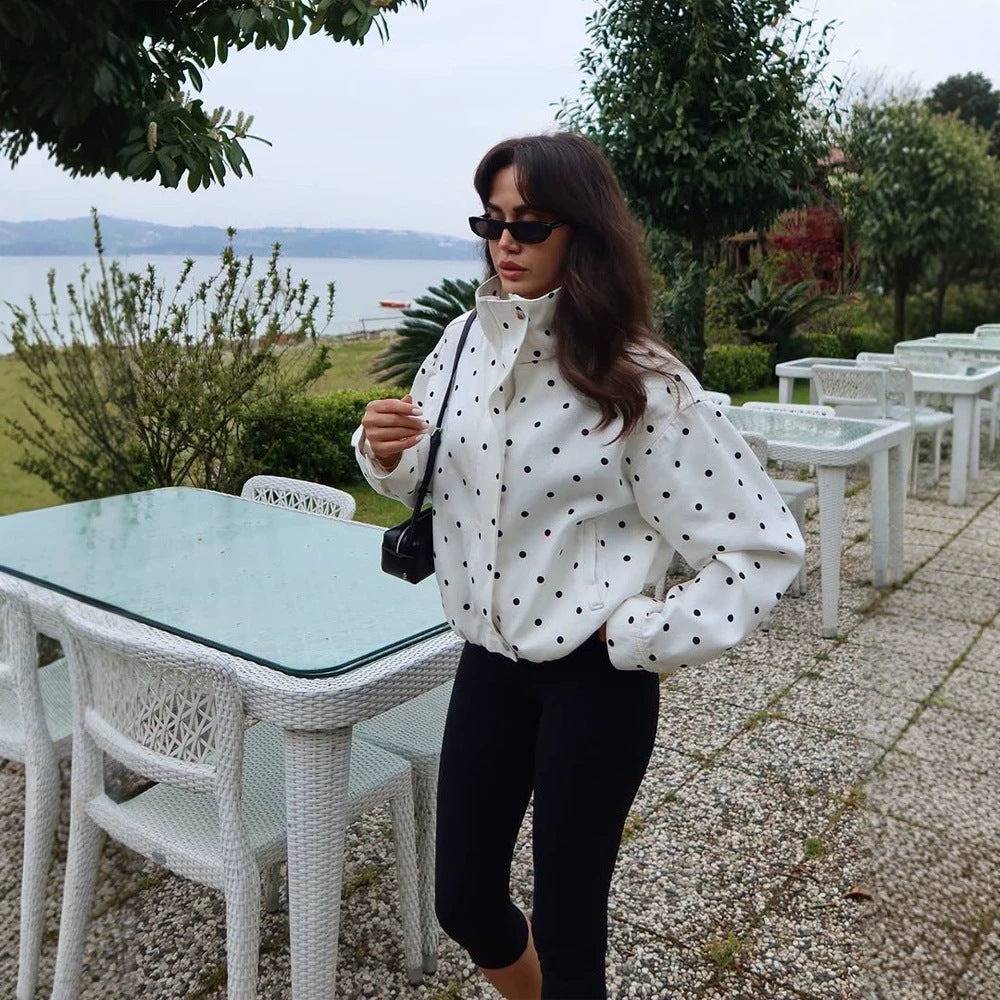 Women's Oversize Blouson with Stand-Up Collar and Polka Dot Print Mune Fashion