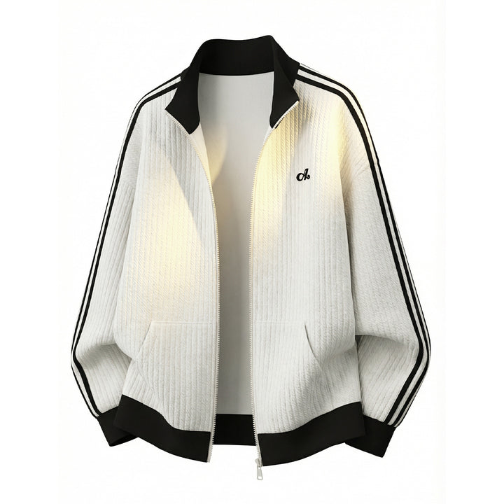 Unisex locker cut sports jacket with ribbed texture, stand-up collar and striped sleeves Mune Fashion