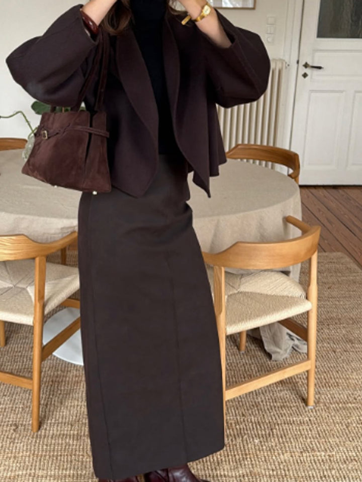 Women Two-Piece Tailoring Set with Cropped Blazer and High-Waisted Pencil Midi Skirt Mune Fashion