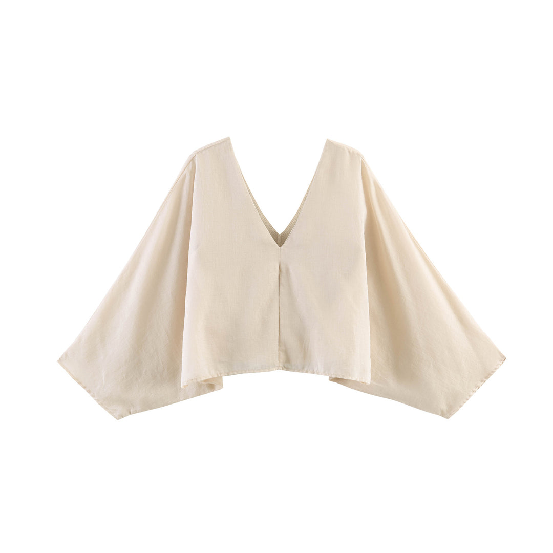 Women Oversized Linen Blouse with V-Neck and Wide Batwing Sleeves Mune Fashion