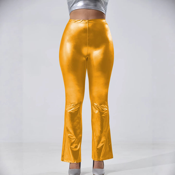 Women's Shiny High-Waist Flared Pants with Metallic Finish Mune Fashion