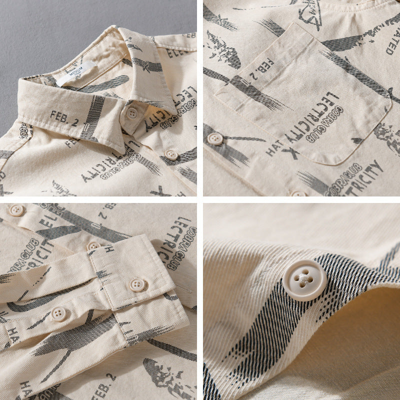 Men's Lightweight Cotton Crinkle Shirt in Relaxed Fit with Typo Allover Print and Applied Chest Pocket Mune Fashion