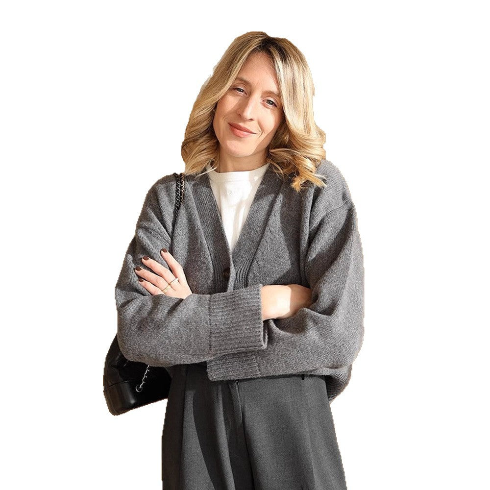 Women's Boxy Cardigan with V-Neck, Patch Pockets, and Horn Buttons Mune Fashion