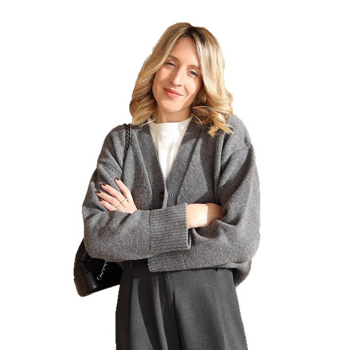 Women's Boxy Cardigan with V-Neck, Patch Pockets, and Horn Buttons Mune Fashion