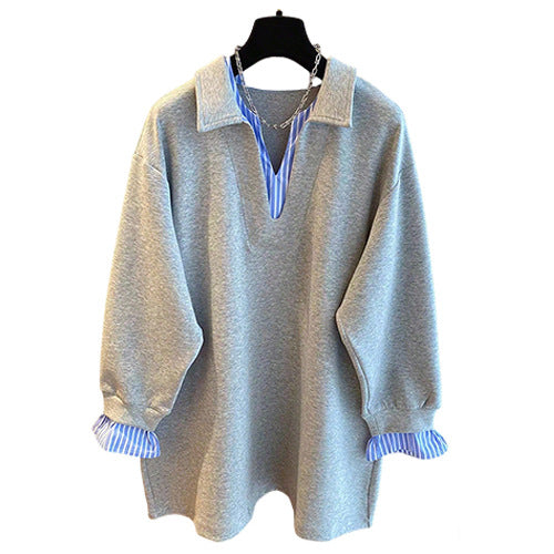 Women Oversized Sweatshirt with Shirt Collar Look and Striped Cuffs Mune Fashion