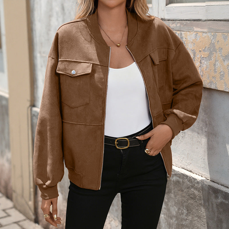 Women's Oversized Suede Look Bomber Jacket with Chest Pockets and Zipper Mune Fashion