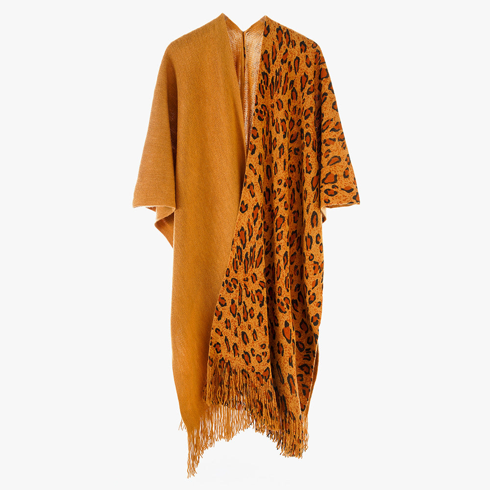 Women's Two-Tone Wool Blend Coat Poncho in Kimono Cut with Animal Jacquard and Fringe Hem Mune Fashion