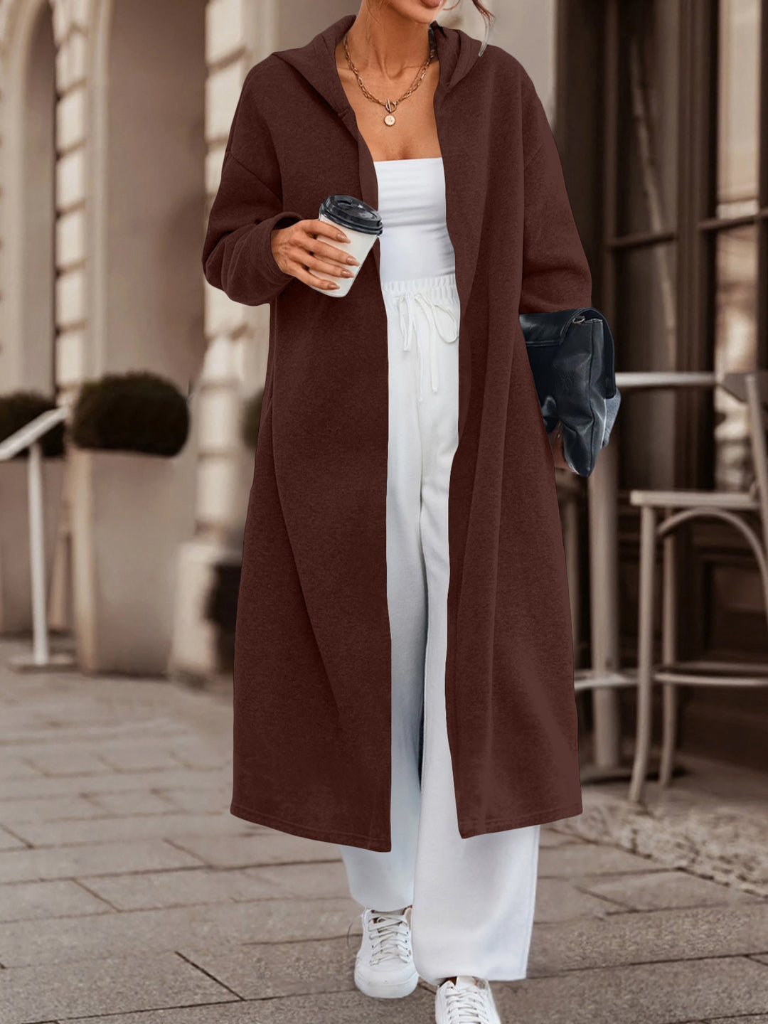 Women Long Oversized Hooded Coat with Open Front and Soft Fleece Lining
