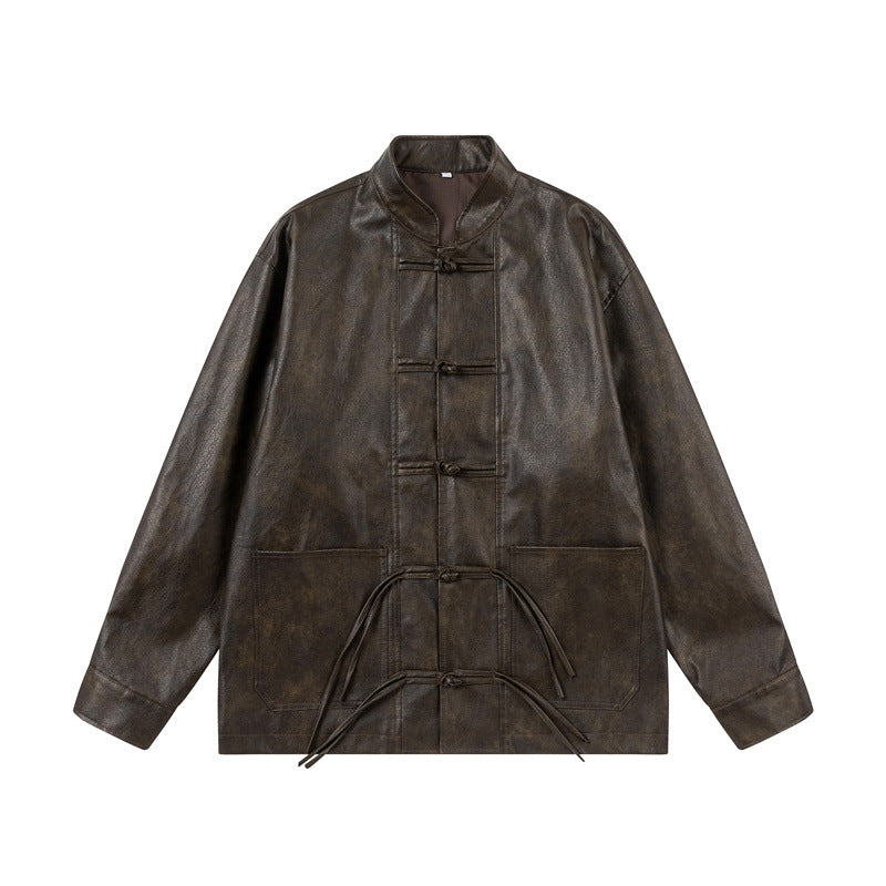 Unisex Asian inspired oversized jacket with mandarin collar and knot closures Mune Fashion