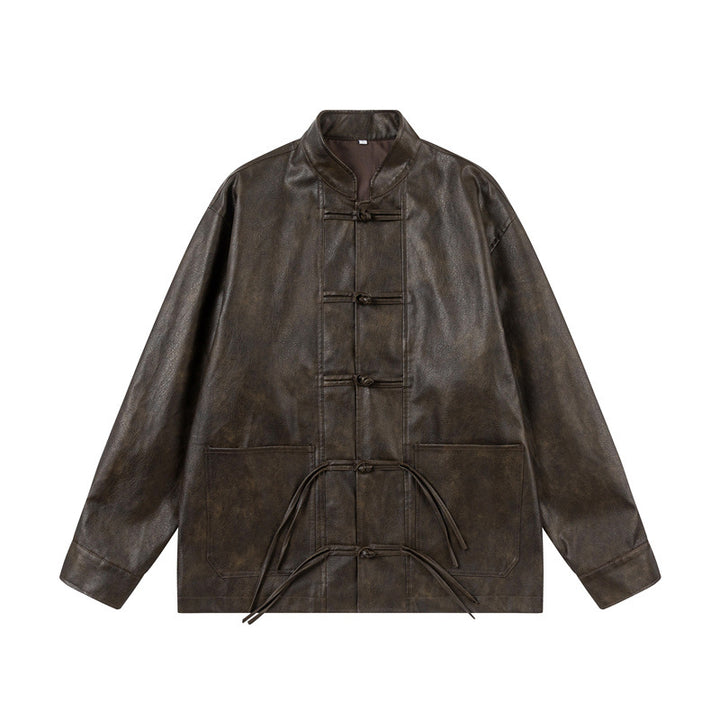 Unisex Asian inspired oversized jacket with mandarin collar and knot closures Mune Fashion