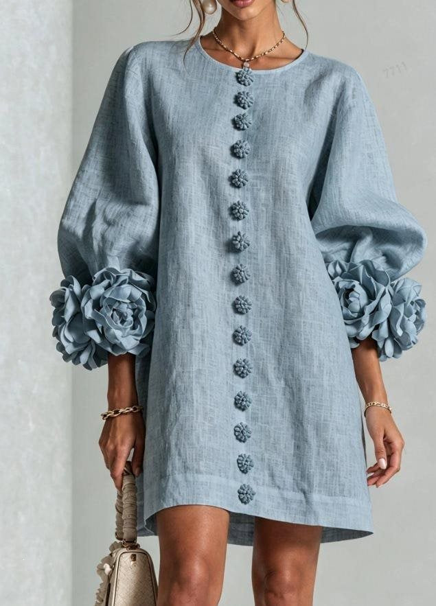 Women’s Short-Cut Linen Dress with 3D Flower Sleeves and Center Button Placket Mune Fashion