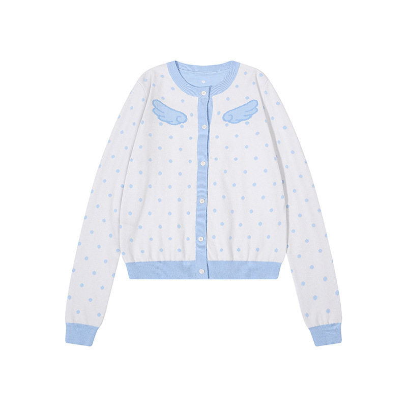 Women's Short Cropped Dotted Cardigan with Angel Wing Motif and Ribbed Cuffs Mune Fashion