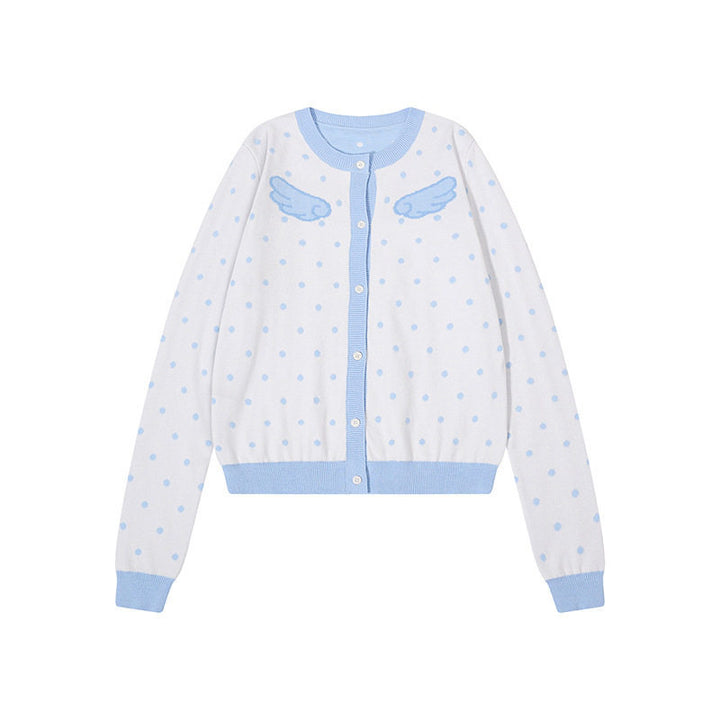 Women's Short Cropped Dotted Cardigan with Angel Wing Motif and Ribbed Cuffs Mune Fashion