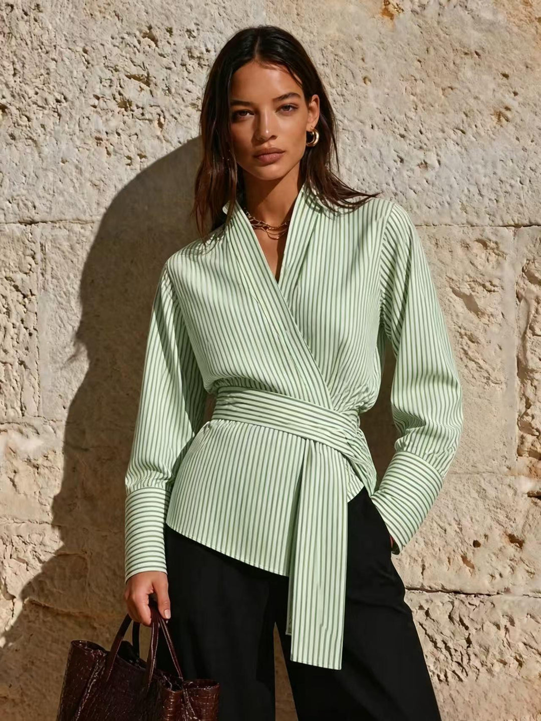 Women Elegant Wrap Top with Stripes Mune Fashion